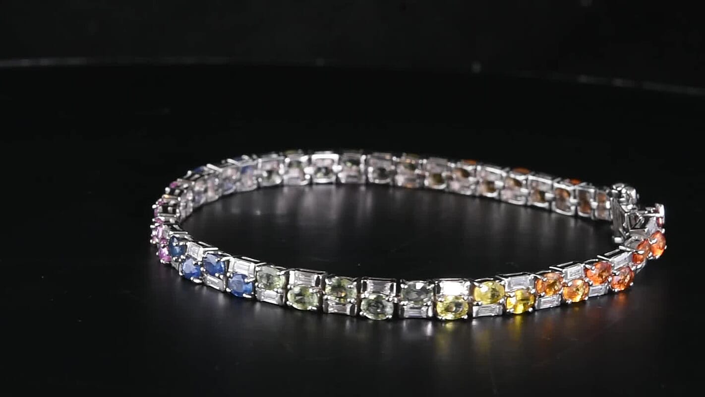 GP Premium Rainbow Sapphire and Multi Gemstone 10.80 ctw Bracelet in Rhodium Over Sterling Silver (6.50 In)