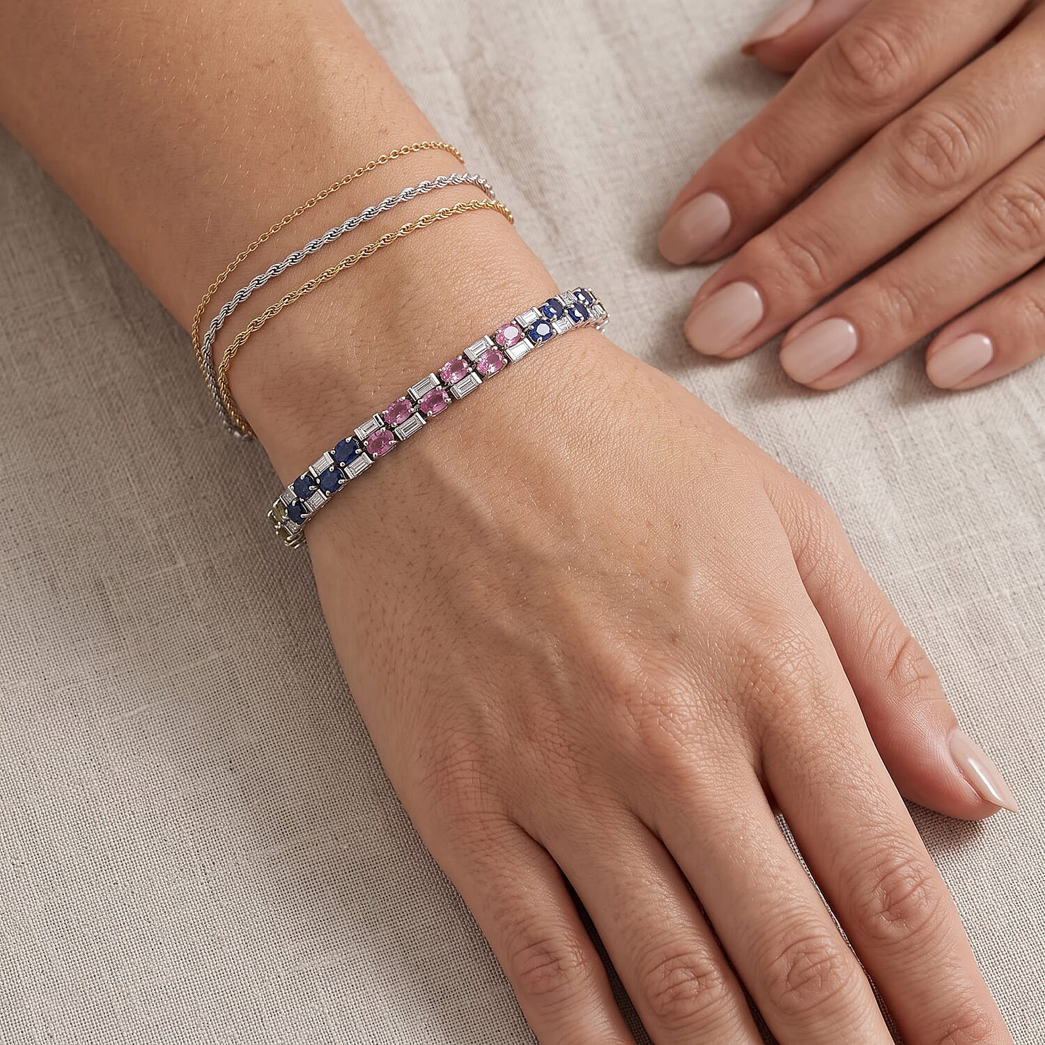 GP Royal Art Deco Collection Premium Rainbow Sapphire and Moissanite 9.75 ctw Bracelet in Rhodium Over Sterling Silver (6.50 In)