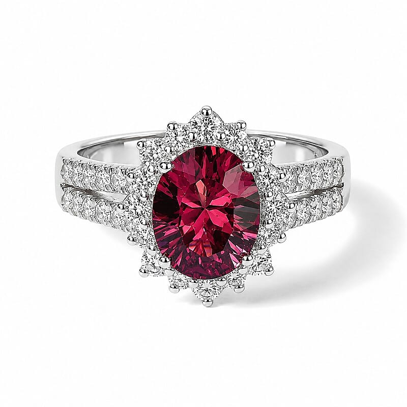 D'Joy Premium Tanzanian Raspberry Garnet and Moissanite 2.90 ctw Ring in Rhodium Over Sterling Silver (Size 6.0)