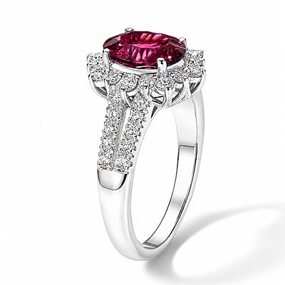 D'Joy Premium Tanzanian Raspberry Garnet and Moissanite 2.90 ctw Ring in Rhodium Over Sterling Silver (Size 6.0)