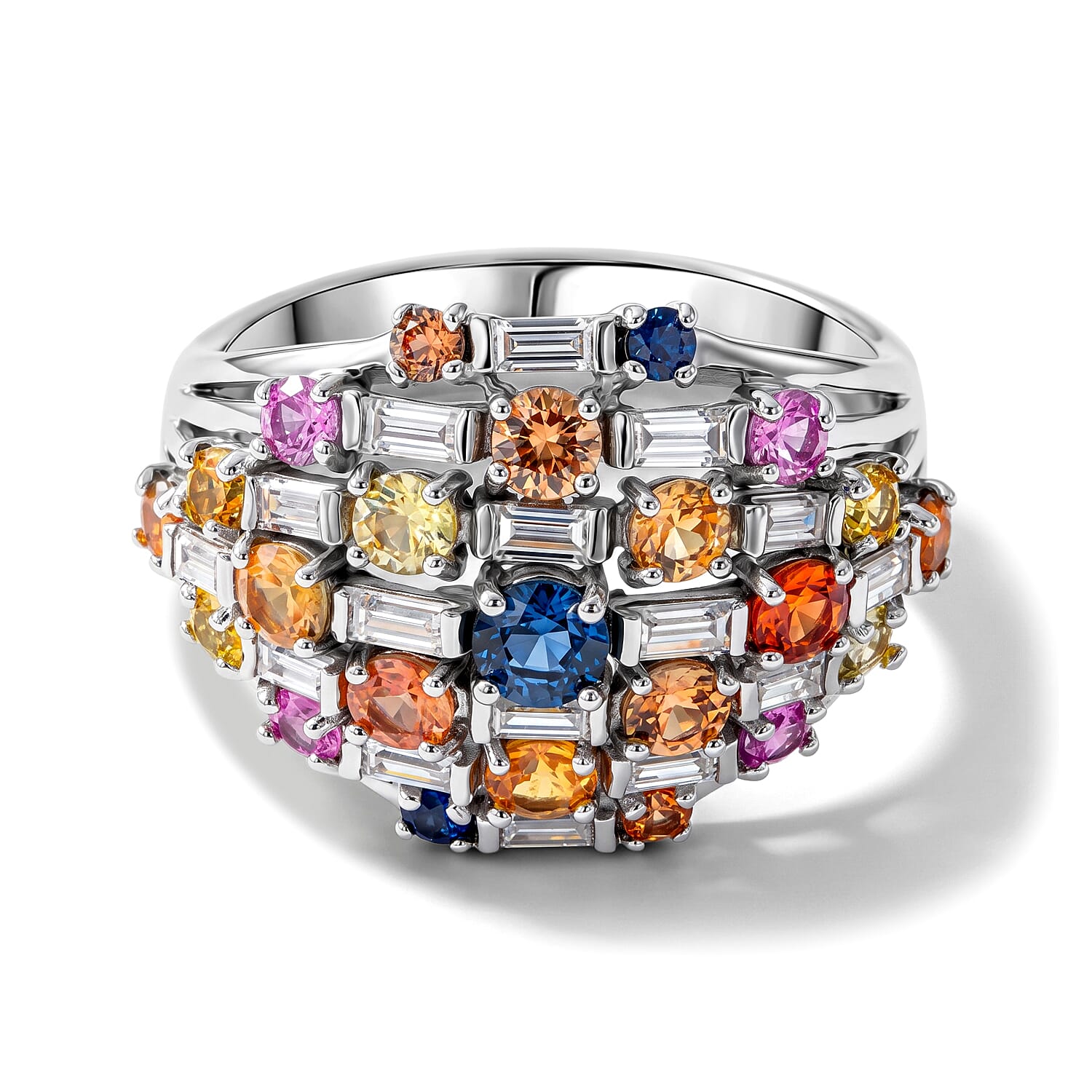 GP Premium Rainbow Sapphire and Moissanite 3.15 ctw Ring in Rhodium Over Sterling Silver (Size 8.0)