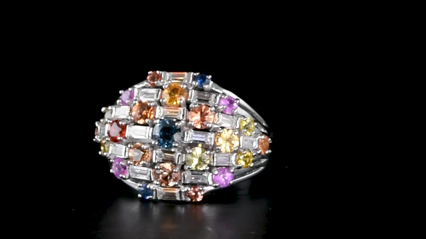 GP Premium Rainbow Sapphire and Moissanite 3.15 ctw Ring in Rhodium Over Sterling Silver (Size 8.0)