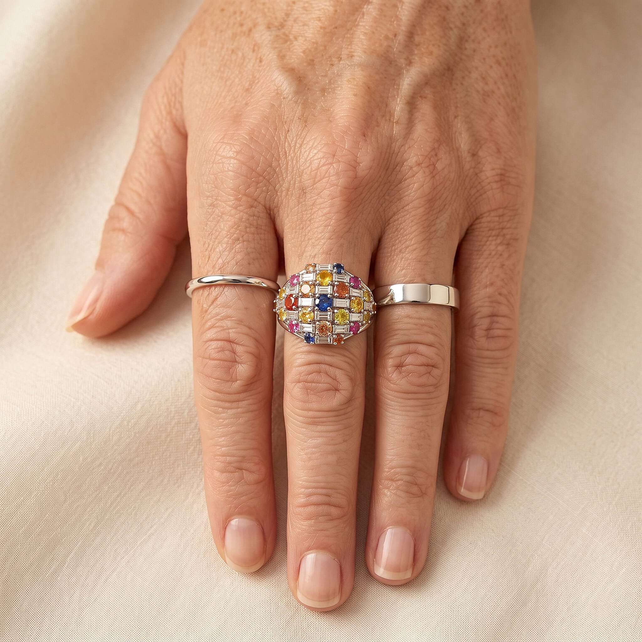 GP Premium Rainbow Sapphire and Moissanite 3.15 ctw Ring in Rhodium Over Sterling Silver (Size 6.0)