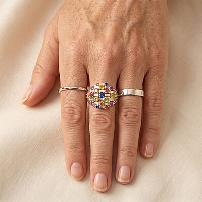 GP Premium Rainbow Sapphire and Moissanite 3.15 ctw Ring in Rhodium Over Sterling Silver (Size 6.0)