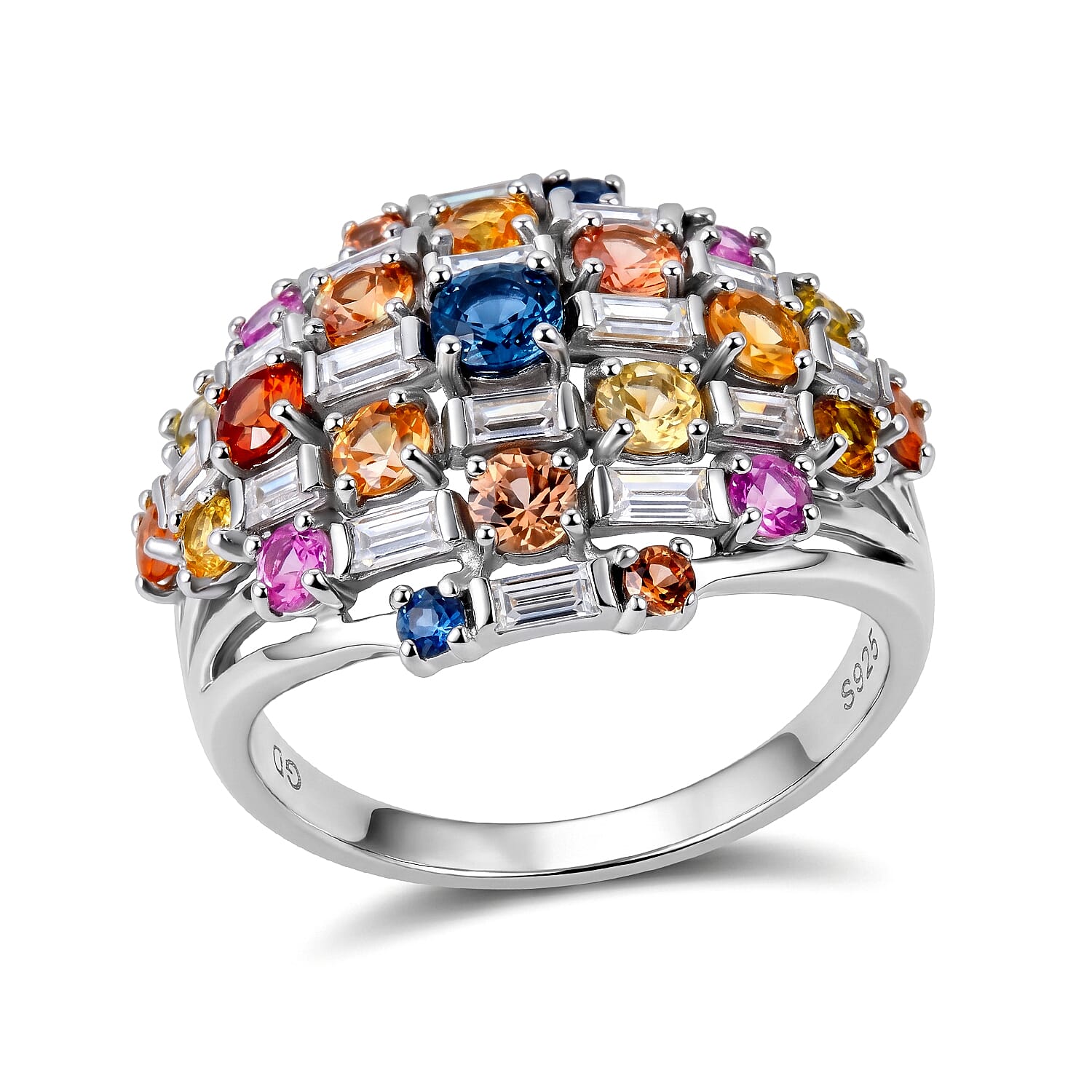 GP Premium Rainbow Sapphire and Moissanite 3.15 ctw Ring in Rhodium Over Sterling Silver (Size 6.0)