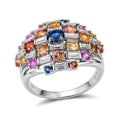 GP Premium Rainbow Sapphire and Moissanite 3.15 ctw Ring in Rhodium Over Sterling Silver (Size 6.0)