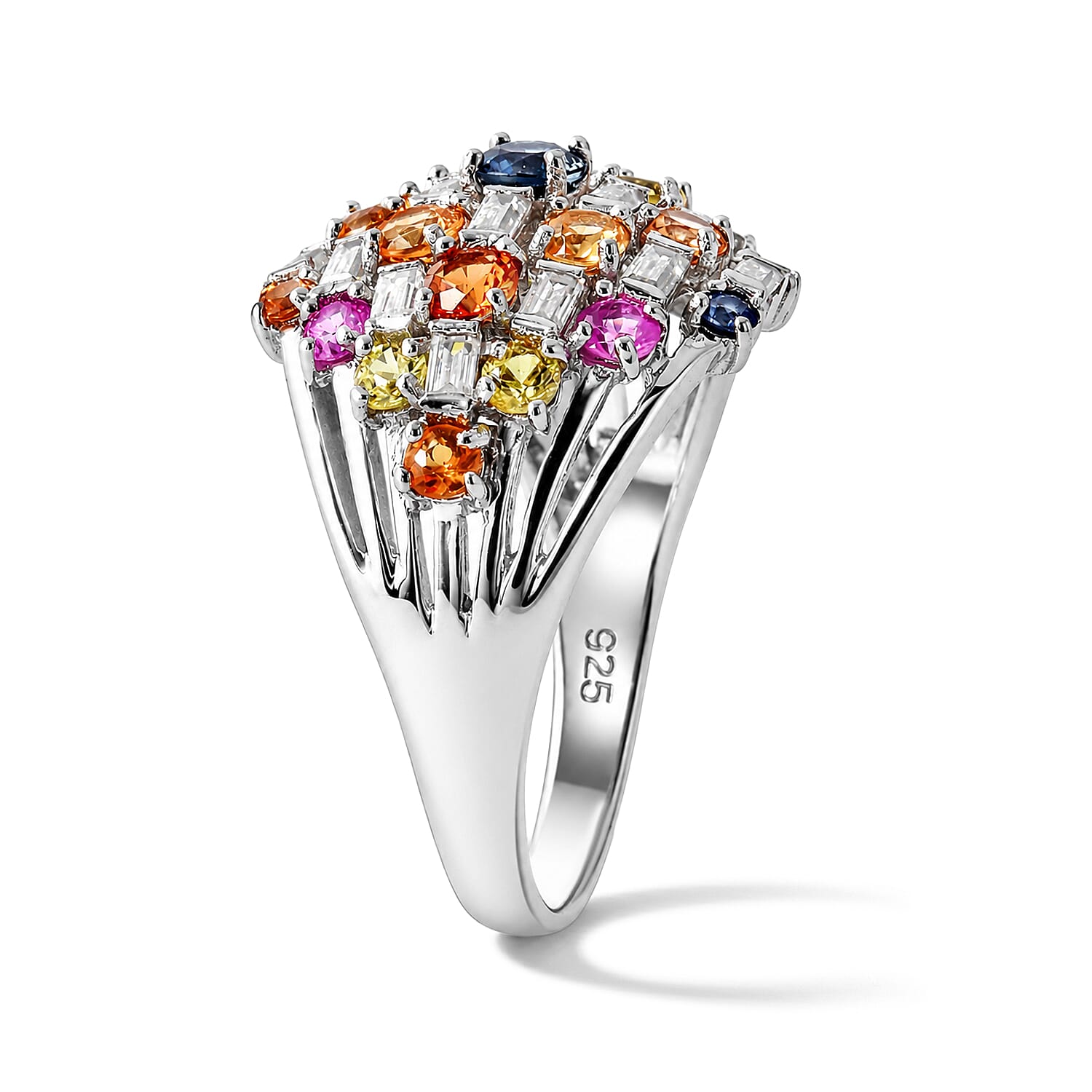 GP Premium Rainbow Sapphire and Moissanite 3.15 ctw Ring in Rhodium Over Sterling Silver (Size 6.0)