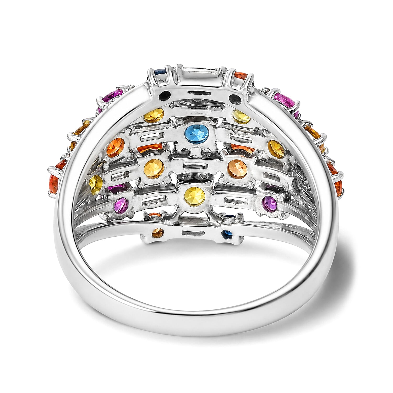 GP Premium Rainbow Sapphire and Moissanite 3.15 ctw Ring in Rhodium Over Sterling Silver (Size 6.0)