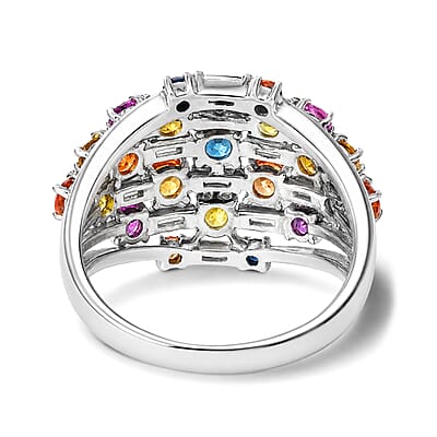 GP Premium Rainbow Sapphire and Moissanite 3.15 ctw Ring in Rhodium Over Sterling Silver (Size 6.0)