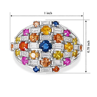 GP Premium Rainbow Sapphire and Moissanite 3.15 ctw Ring in Rhodium Over Sterling Silver (Size 6.0)