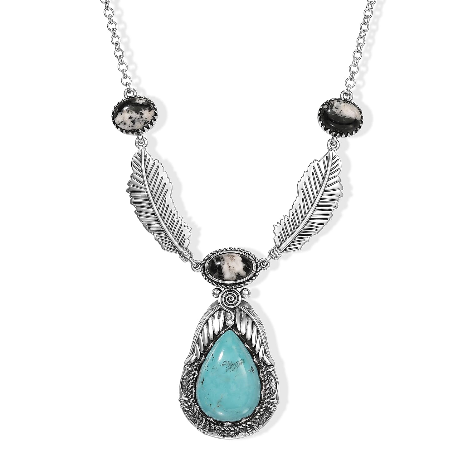 D'Joy Artisan Crafted Premium Tahoe Nevada Turquoise and White Buffalo 19.10 ctw Necklace (18 Inches) in Sterling Silver