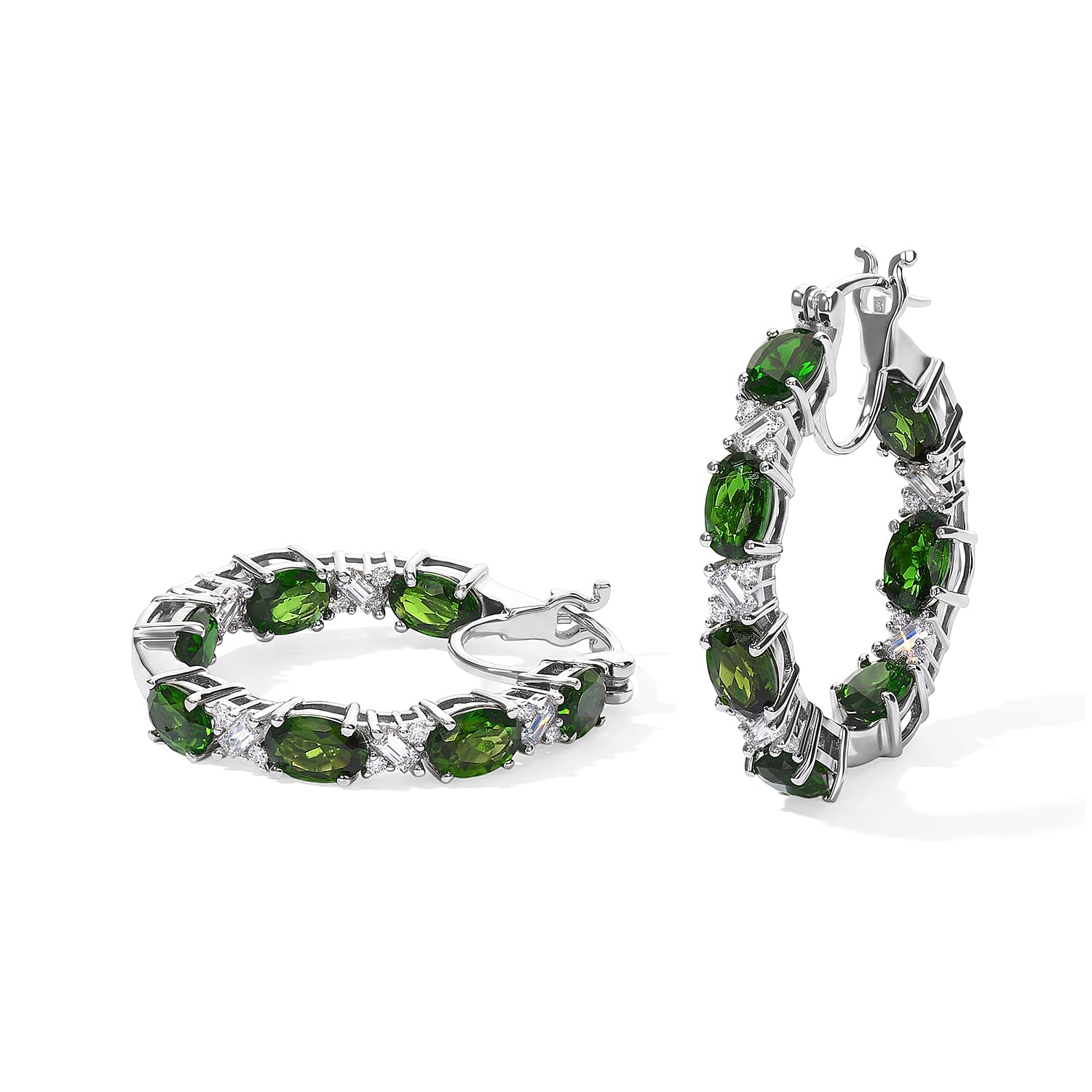 D'Joy Premium Chrome Diopside and Moissanite 7.90 ctw Infinity Hoop Earrings in Rhodium Over Sterling Silver