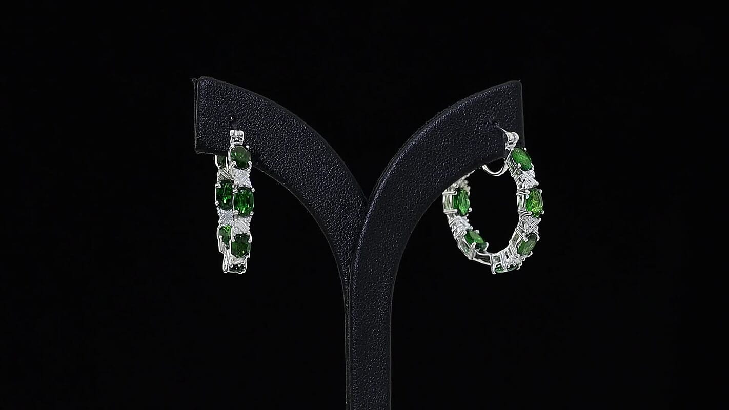 D''Joy Premium Chrome Diopside, Moissanite Hoop Earrings in Rhodium Over Sterling Silver 7.90 ctw