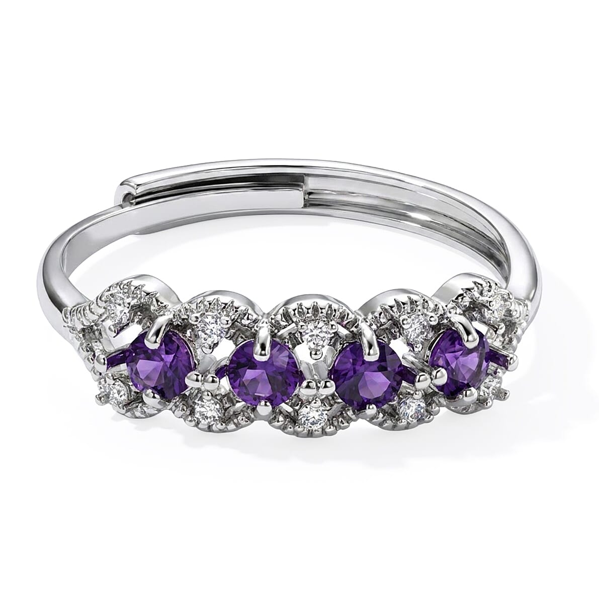 African Amethyst and Simulated Diamond 2.00 ctw Ring in Silvertone (Adjustable)