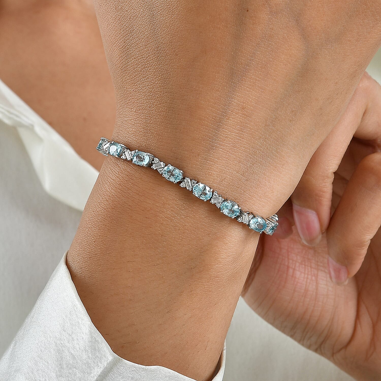 D'Joy Premium Cambodian Blue Zircon and Moissanite 12.75 ctw Bracelet in Rhodium Over Sterling Silver (6.50 In)