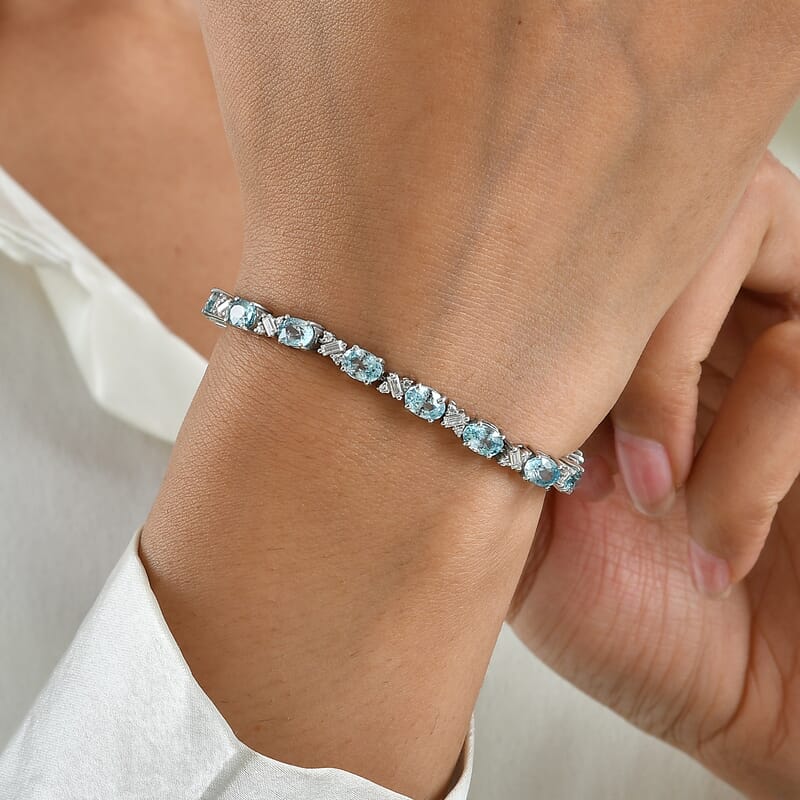 D'Joy Premium Cambodian Blue Zircon and Moissanite 12.75 ctw Bracelet in Rhodium Over Sterling Silver (6.50 In)