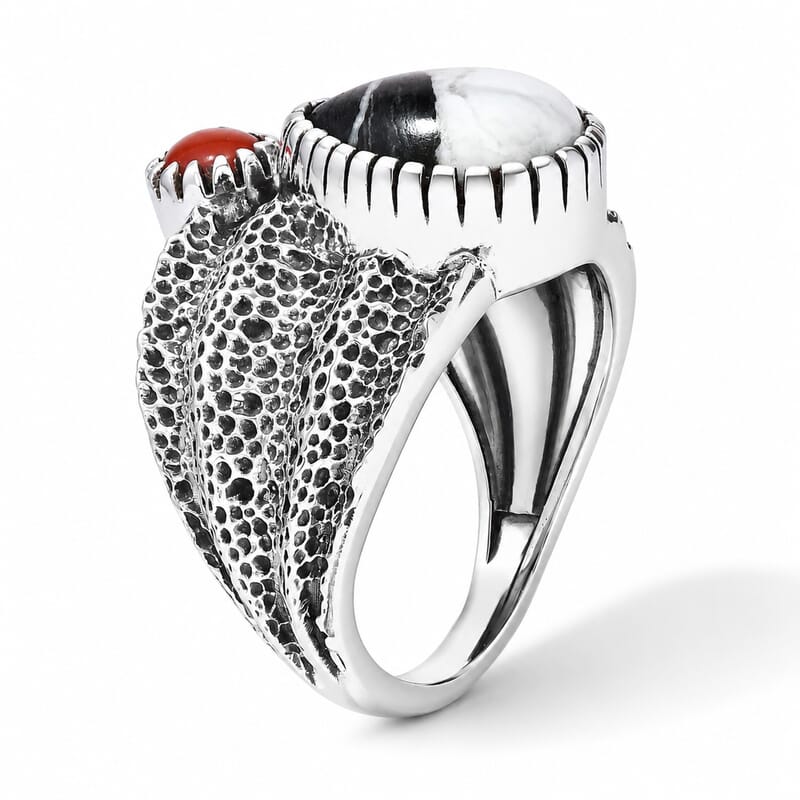 D'Joy Artisan Crafted Premium White Buffalo and Coral 3.40 ctw Wild Nevada Ring in Sterling Silver (Size 6.0)