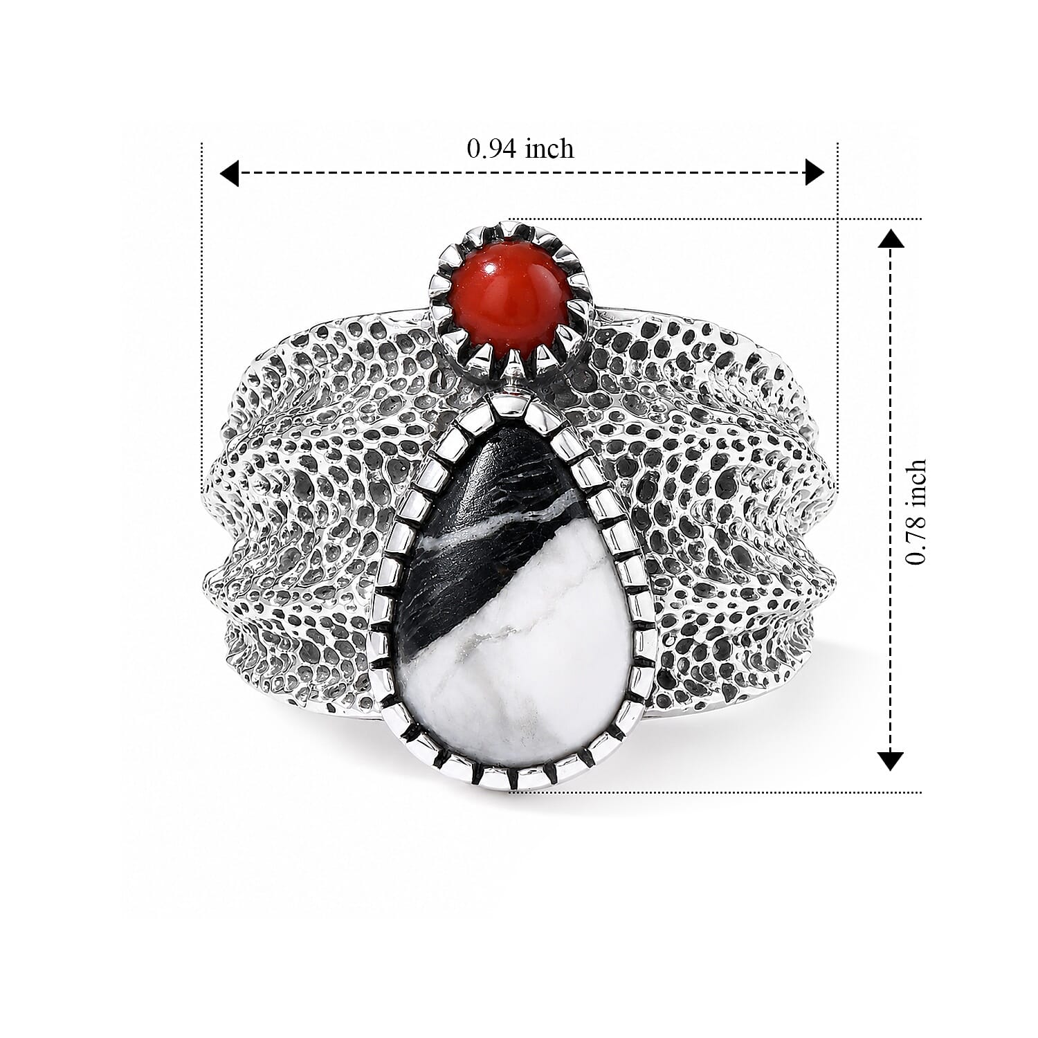 D'Joy Artisan Crafted Premium White Buffalo and Coral 3.40 ctw Wild Nevada Ring in Sterling Silver (Size 6.0)