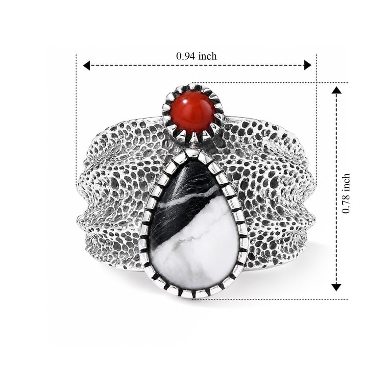 D'Joy Artisan Crafted Premium White Buffalo and Coral 3.40 ctw Wild Nevada Ring in Sterling Silver (Size 6.0)
