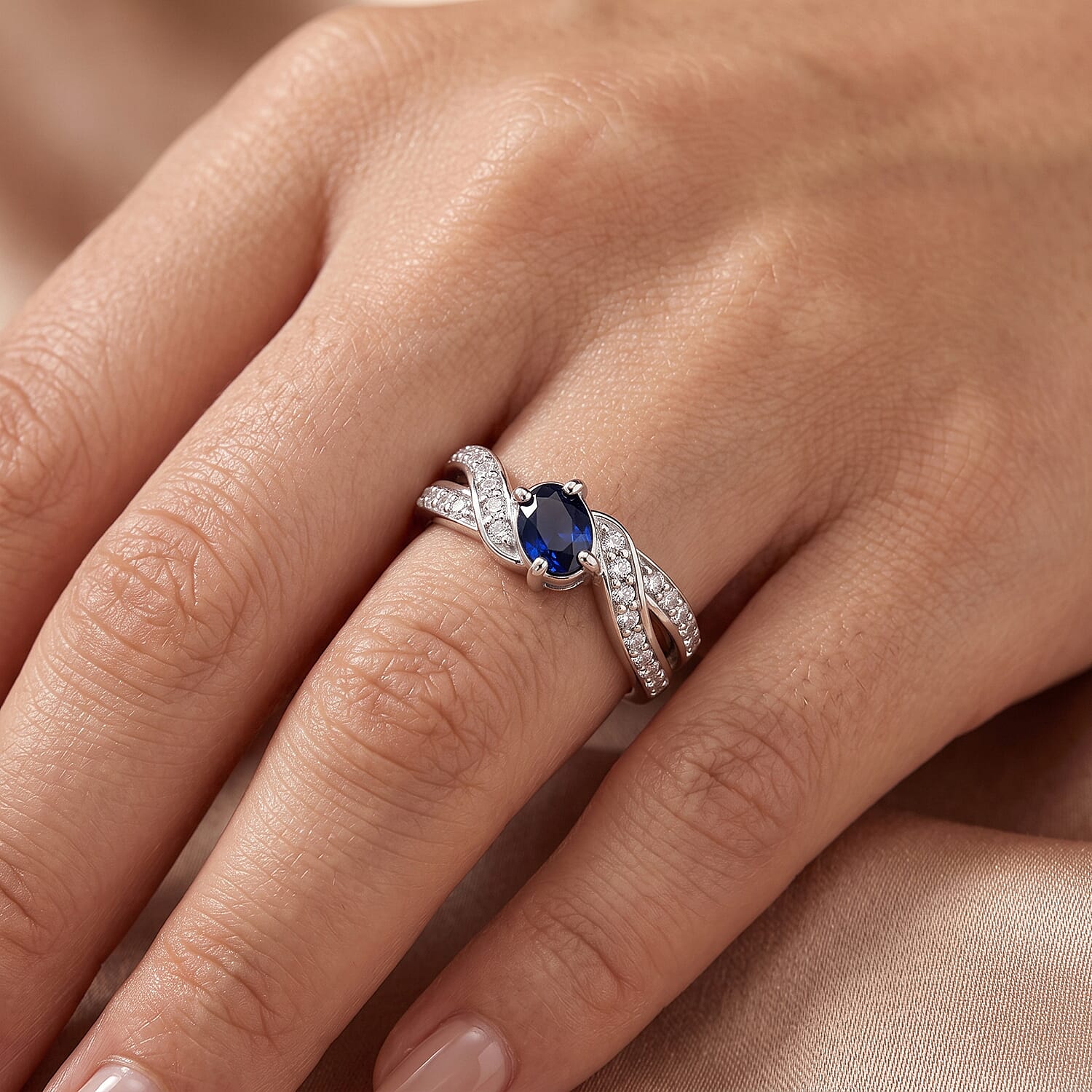 Blue Sapphire and Simulated Diamond 1.11 ctw Ring in Sterling Silver (Size 7.0)
