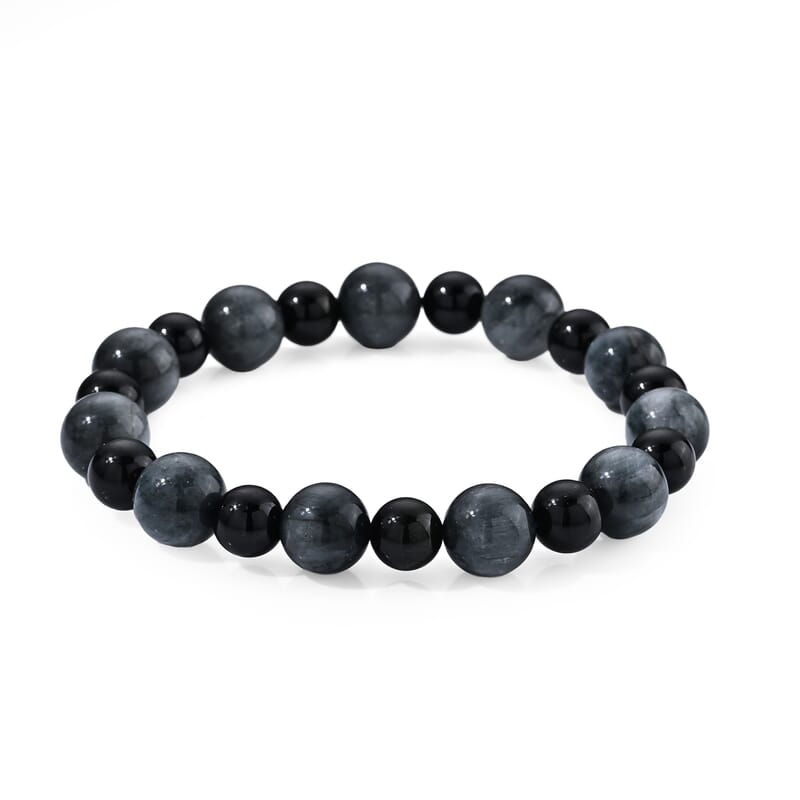 Eagle Eye and Black Tourmaline 90.00 ctw Beaded Stretch Bracelet