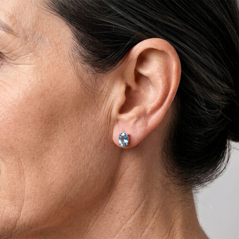 D'Joy Premium Swiss Blue Topaz 1.80 ctw Solitaire Stud Earrings in Rhodium Over Sterling Silver