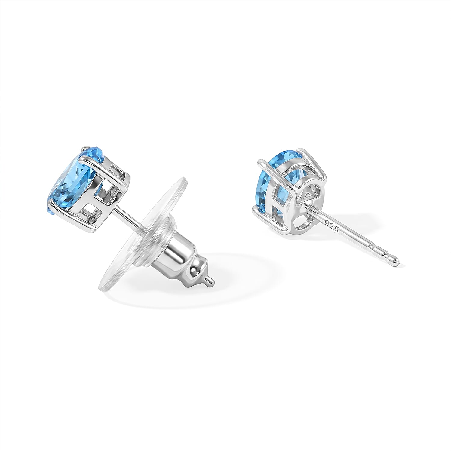 D'Joy Premium Swiss Blue Topaz 1.80 ctw Solitaire Stud Earrings in Rhodium Over Sterling Silver