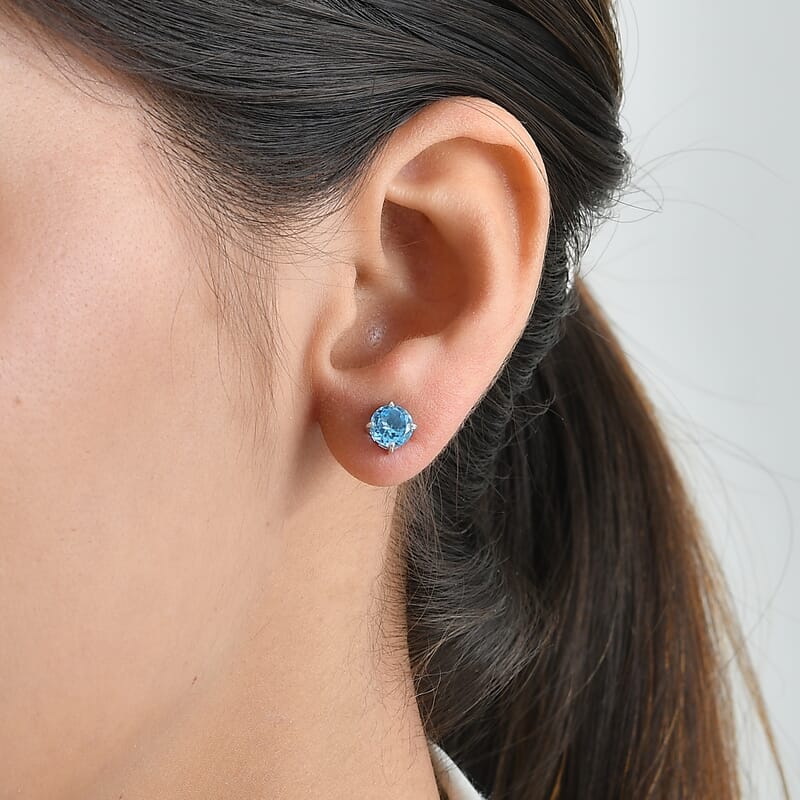 D'Joy Premium Swiss Blue Topaz 2.00 ctw Stud Earrings in Rhodium Over Sterling Silver