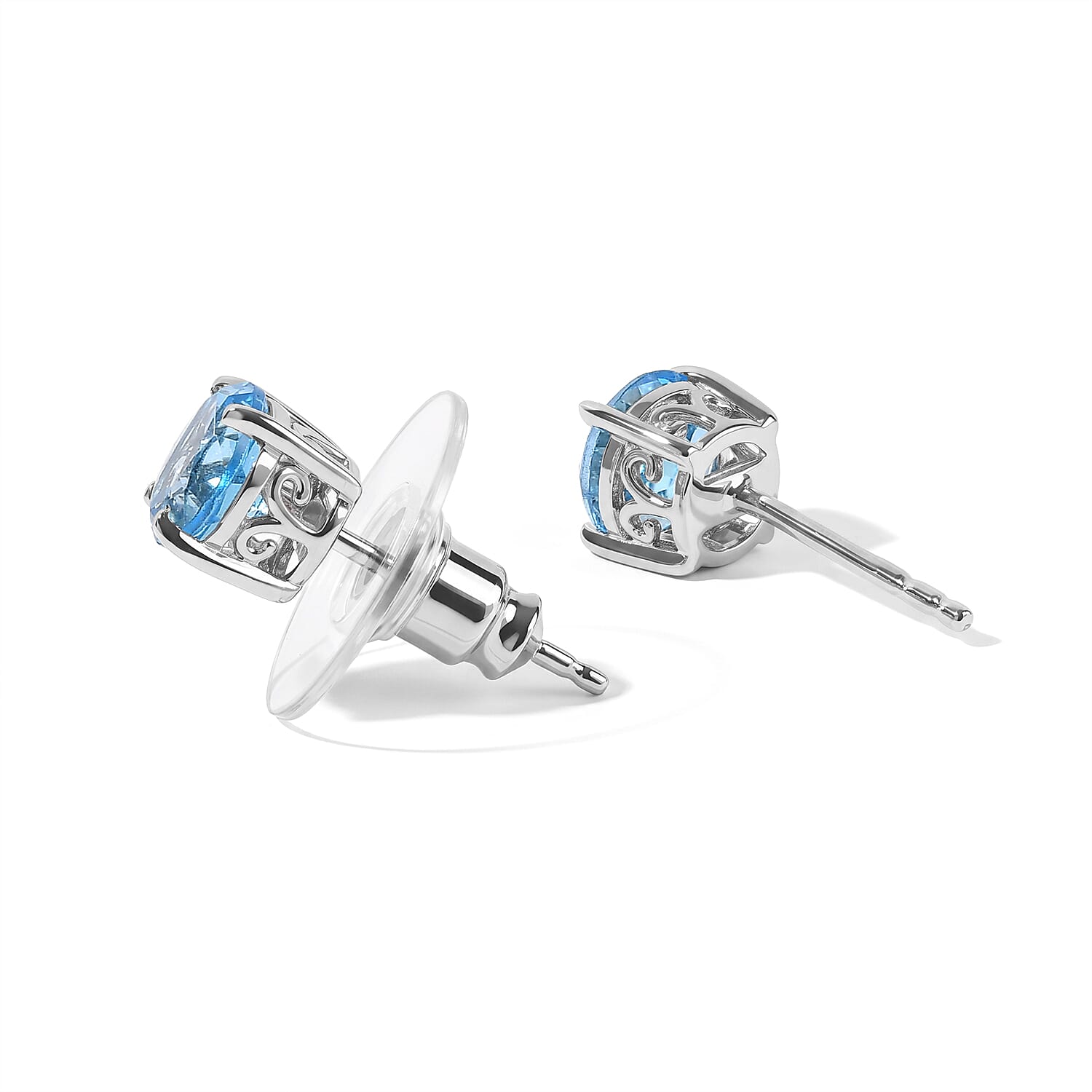 D'Joy Premium Swiss Blue Topaz 2.00 ctw Stud Earrings in Rhodium Over Sterling Silver
