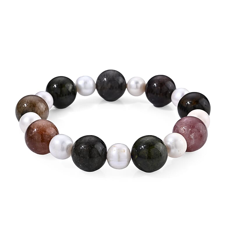 Multi-Tourmaline Beaded 200.00 ctw and Freshwater Pearl Stretch Bracelet