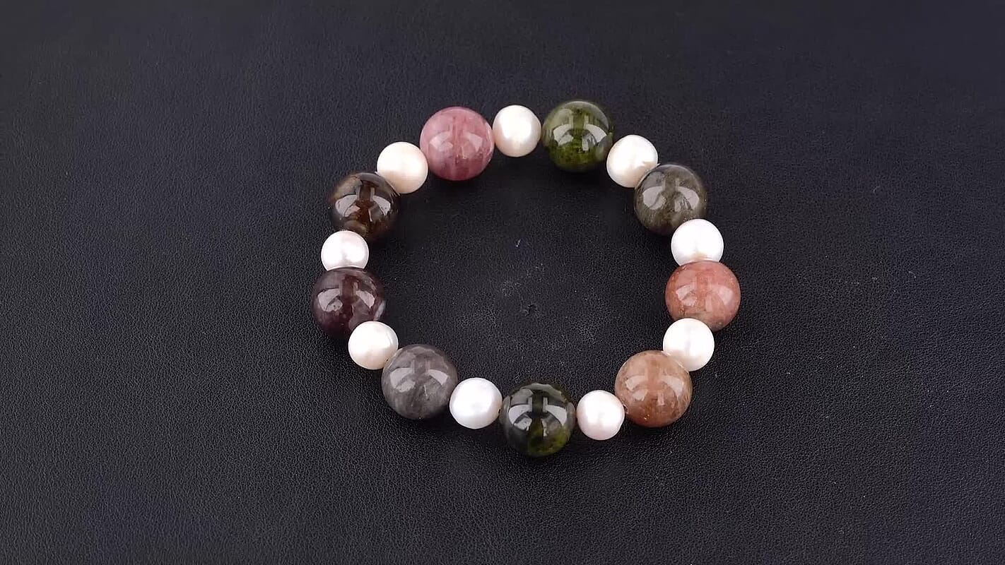 Multi-Tourmaline Beaded 200.00 ctw and Freshwater Pearl Stretchable Bracelet