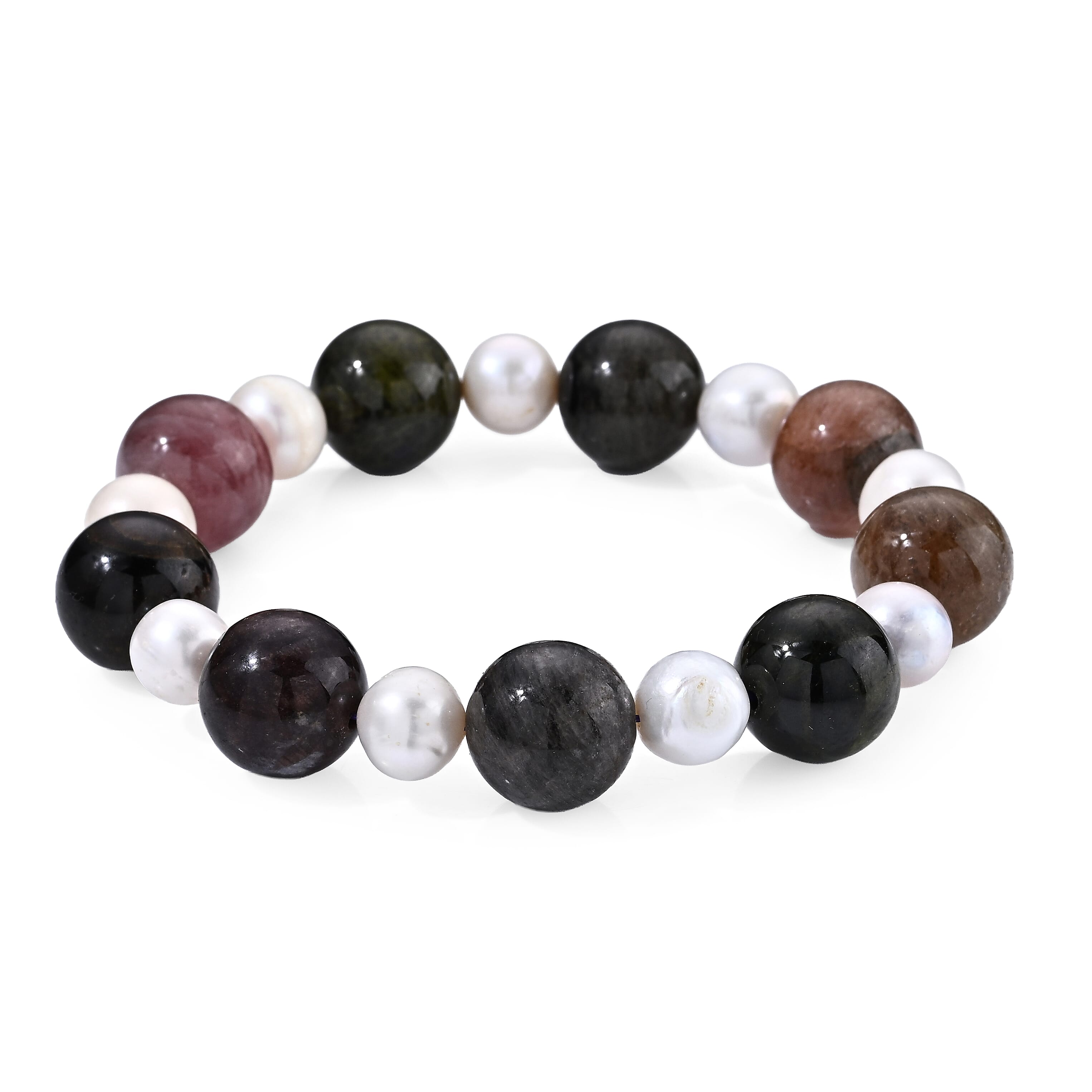 Multi-Tourmaline Beaded 200.00 ctw and Freshwater Pearl Stretch Bracelet