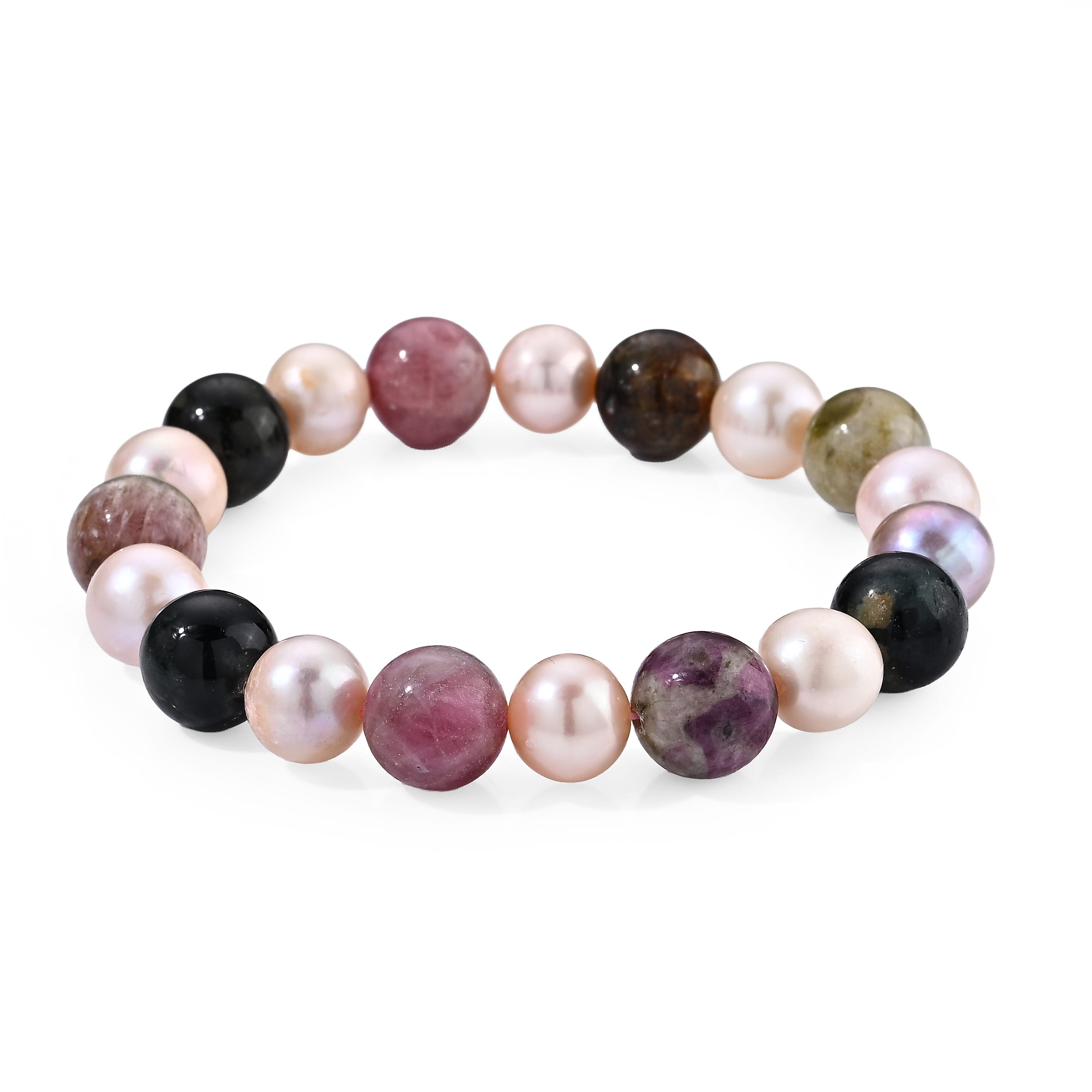 Multi-Tourmaline Beaded 120.00 ctw and Freshwater Pearl Stretch Bracelet