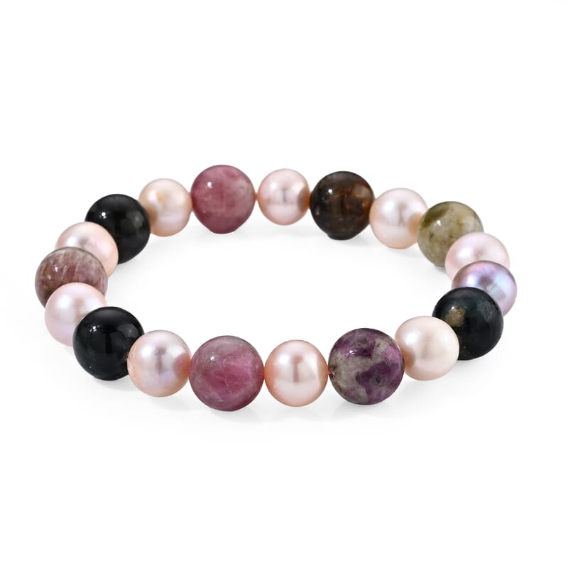 Multi-Tourmaline Beaded 120.00 ctw and Freshwater Pearl Stretch Bracelet