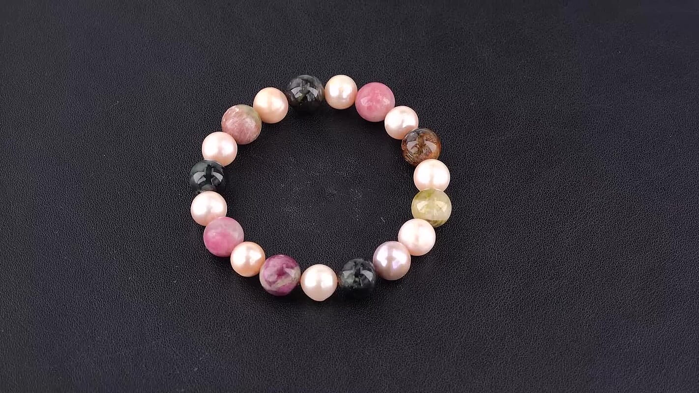 Multi-Tourmaline Beaded 120.00 ctw and Freshwater Pearl Stretchechble Bracelet