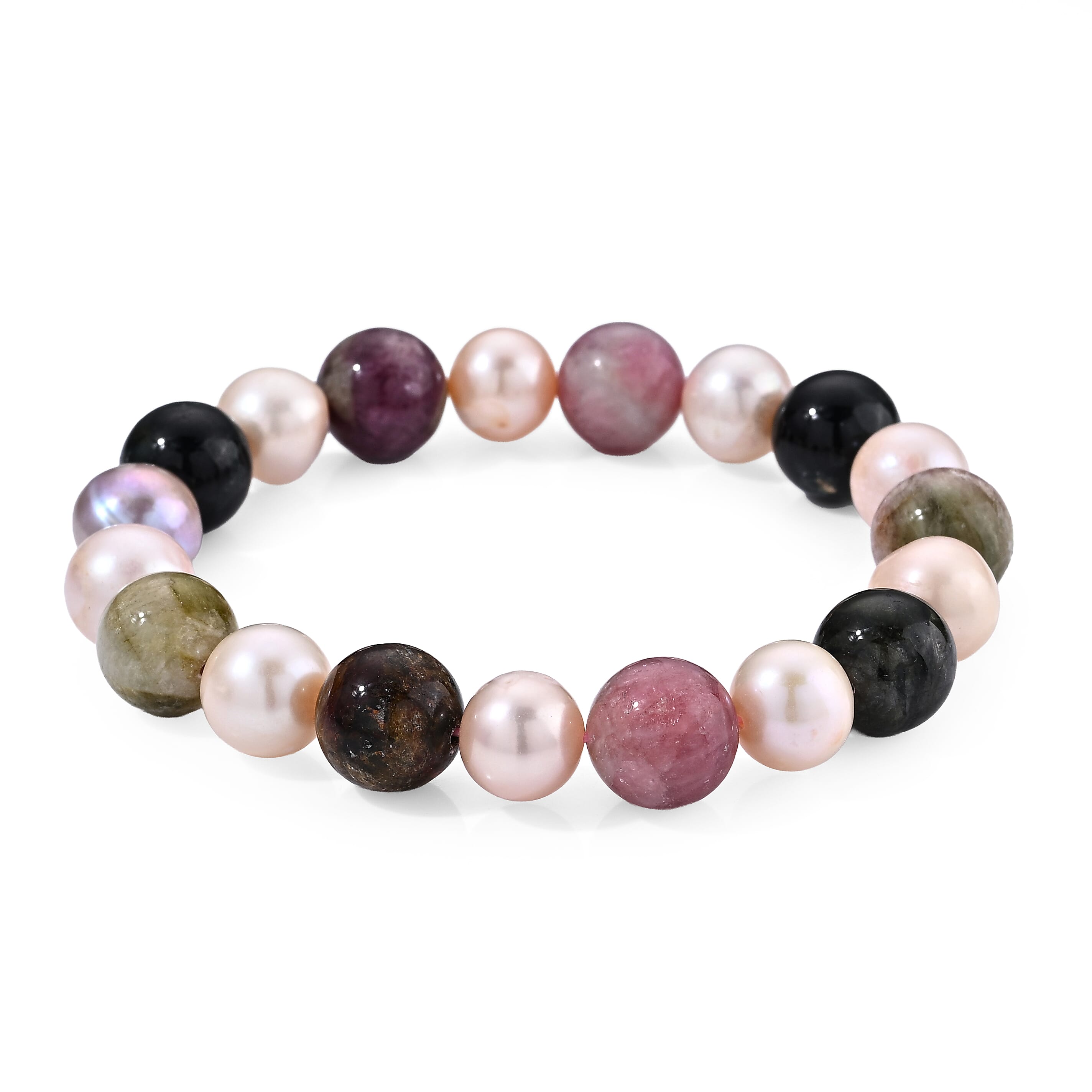 Multi-Tourmaline Beaded 120.00 ctw and Freshwater Pearl Stretch Bracelet