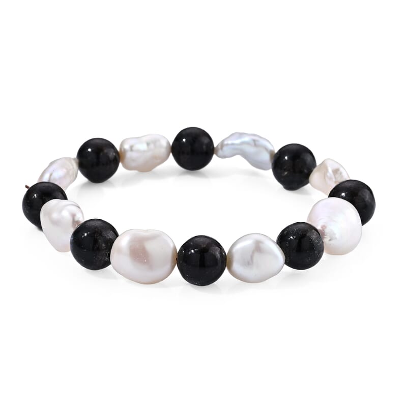 Astrophyllite Beaded 70.00 ctw and Freshwater Pearl Stretch Bracelet