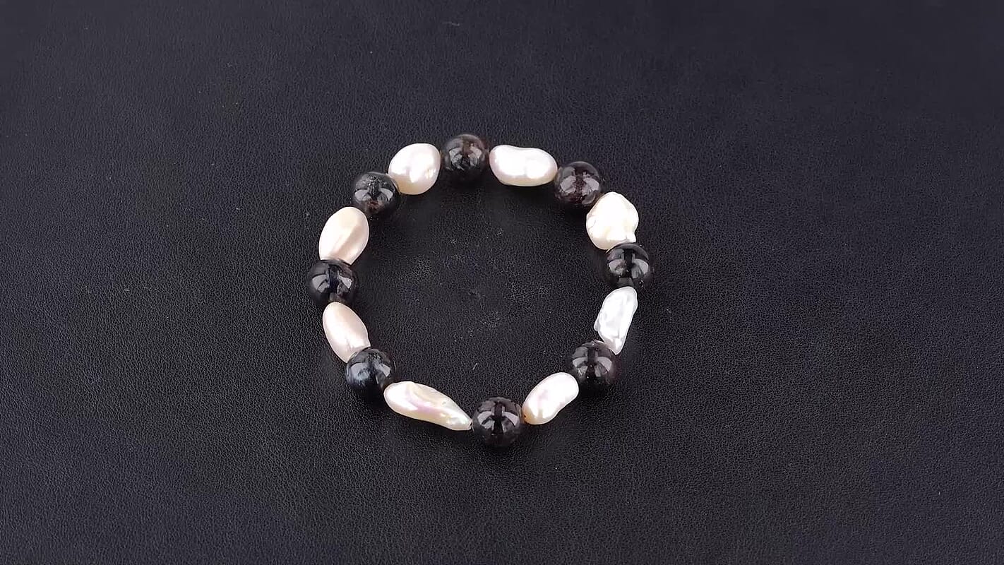 Astrophyllite Beaded 70.00 ctw and Freshwater Pearl Stretchable Bracelet