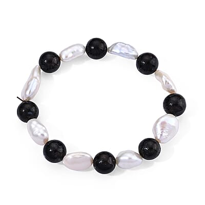 Astrophyllite Beaded 70.00 ctw and Freshwater Pearl Stretch Bracelet