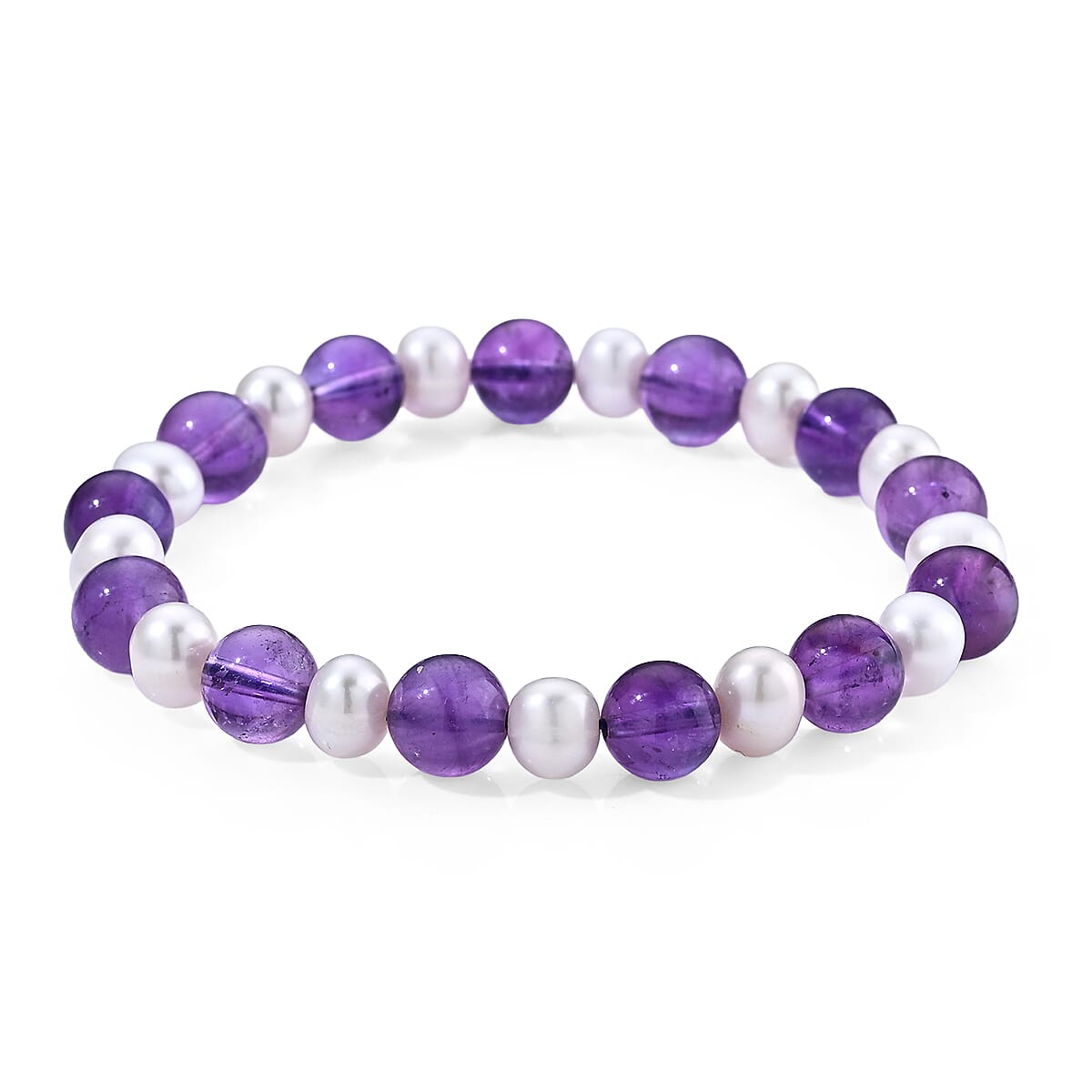 African Amethyst Beaded 40.00 ctw and Freshwater Pearl Stretch Bracelet