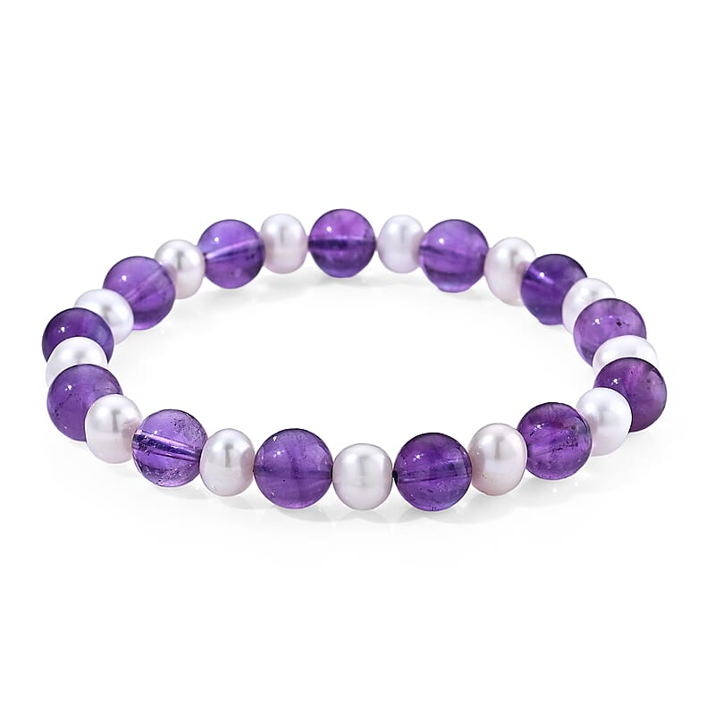 African Amethyst Beaded 40.00 ctw and Freshwater Pearl Stretch Bracelet