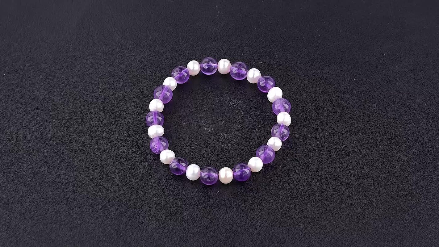 African Amethyst Beaded 40.00 ctw and Freshwater Pearl Stretchable Bracelet