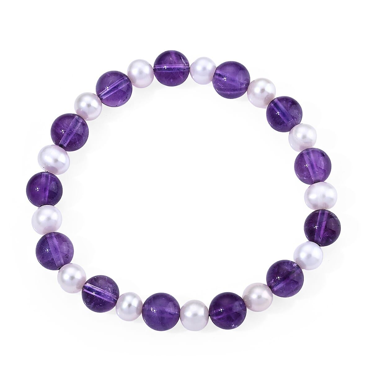 African Amethyst Beaded 40.00 ctw and Freshwater Pearl Stretch Bracelet