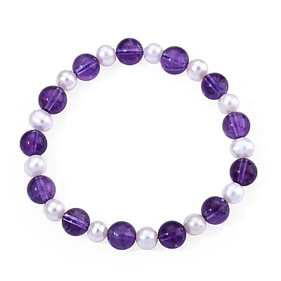 African Amethyst Beaded 40.00 ctw and Freshwater Pearl Stretch Bracelet