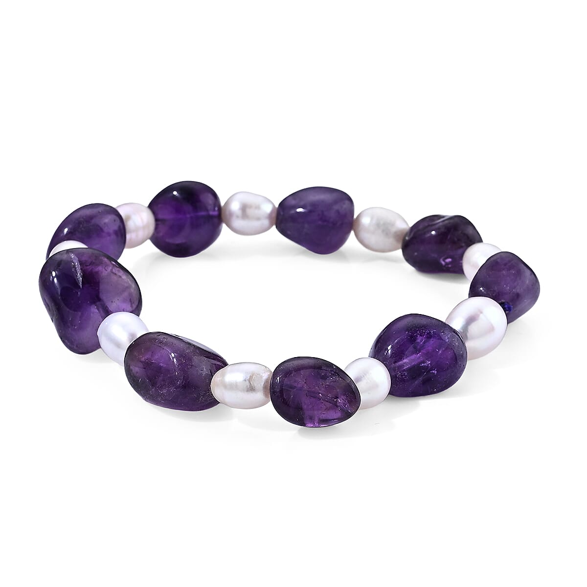 African Amethyst Beaded 90.00 ctw and Freshwater Pearl Stretch Bracelet