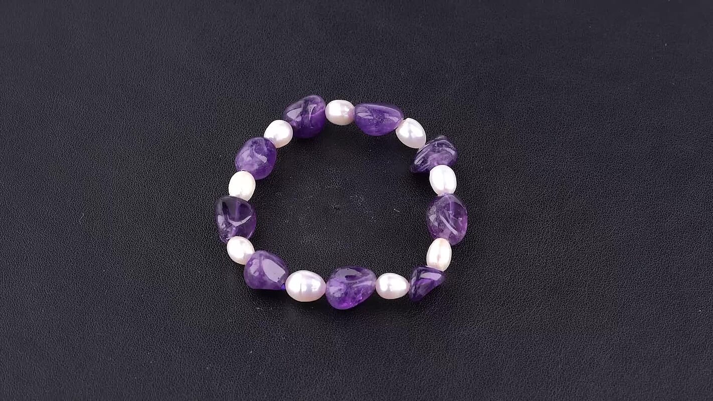 African Amethyst Beaded 90.00 ctw and Freshwater Pearl Stretchable Bracelet