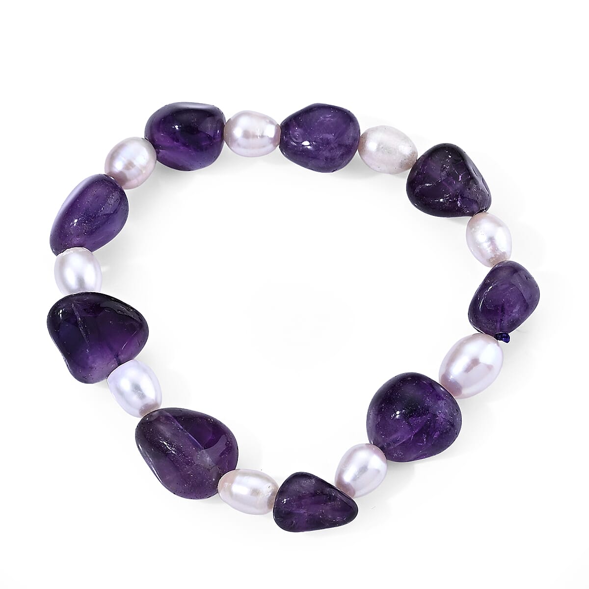 African Amethyst Beaded 90.00 ctw and Freshwater Pearl Stretch Bracelet