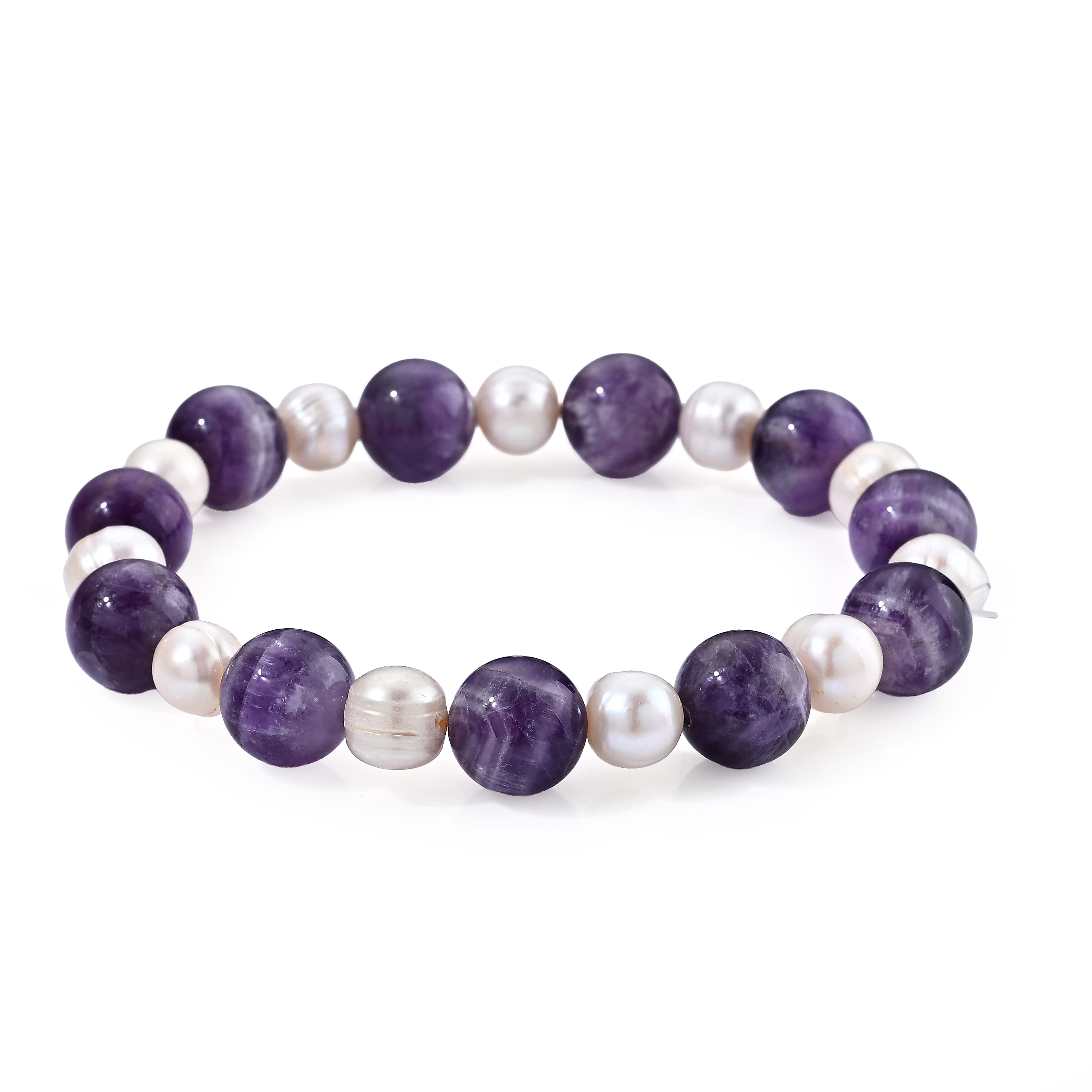 Bi-Color Amethyst 70.00 ctw Beaded and Freshwater Pearl Stretch Bracelet
