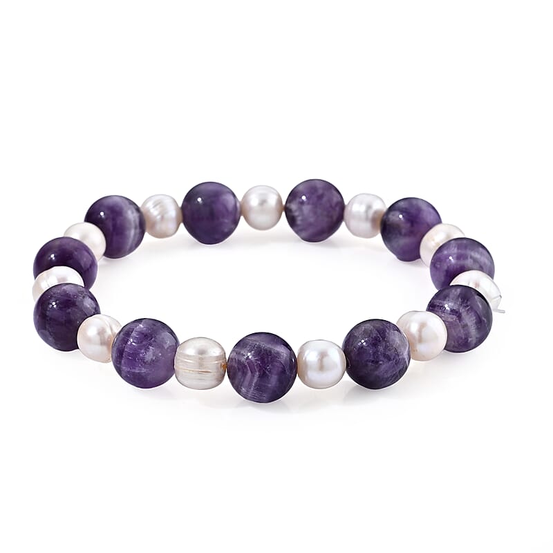 Bi-Color Amethyst 70.00 ctw Beaded and Freshwater Pearl Stretch Bracelet