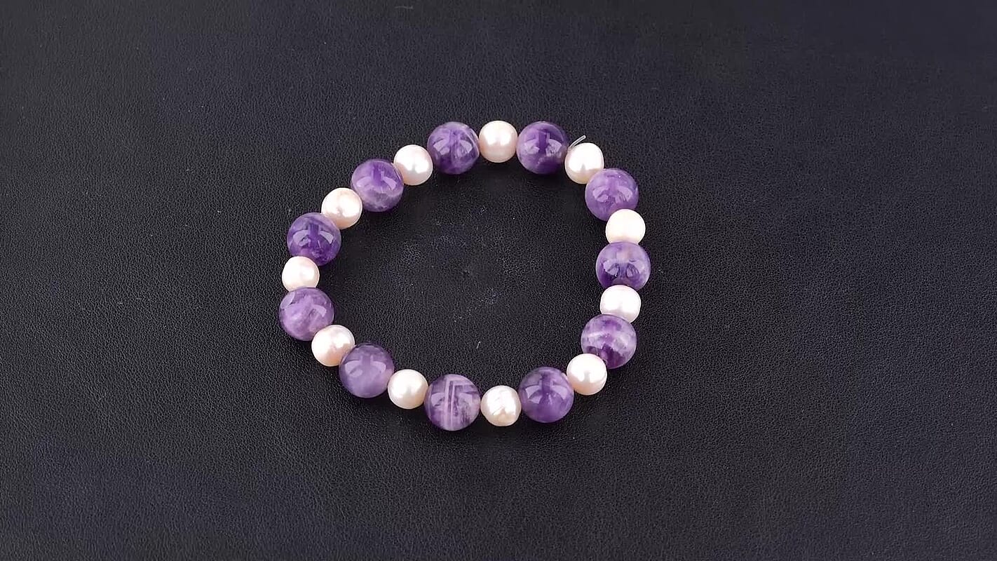 Bi-Color Amethyst 70.00 ctw Beaded and Freshwater Pearl Stretchable Bracelet